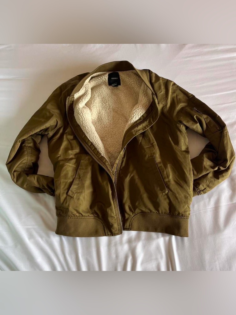 Forever 21 Olive Sherpa-Lined Bomber Jacket
